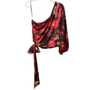 NWT Express Satin Floral One Shoulder Tie Waist Top Size Large Valentine Date